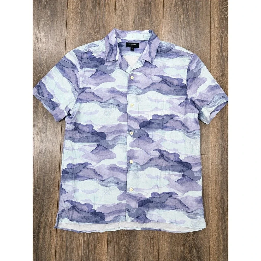 Banana Republic Mens XL Blue Purple Watercolor Camo Short Sleeve Button Up